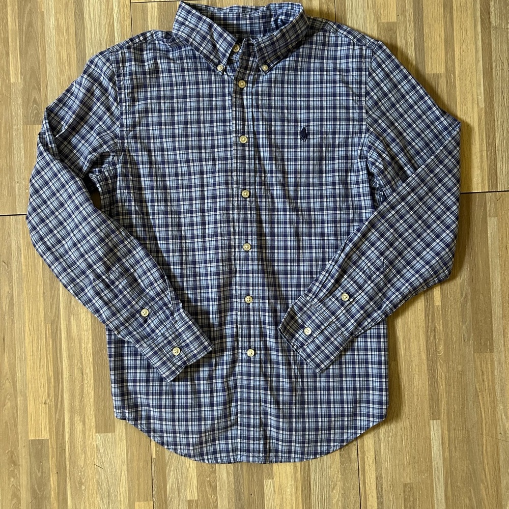 Boys Ralph Lauren Navy and White Plaid Button Down Shirt, Long Sleeves, Large